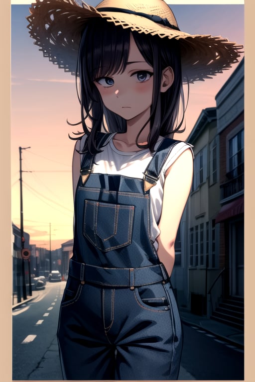 masterpiece, best quality, (solo:1.3),loli,golden hour lighting,street corner,big straw hat,arms_behind_back,dungarees only,,black_hair,looking_at_viewer,