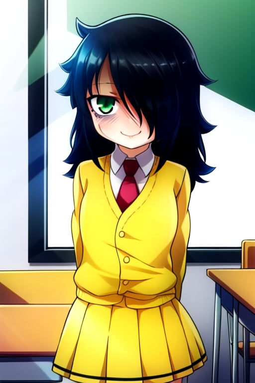 masterpiece, best quality, (solo:1.3), 1girl , arms behind back,looking_at_viewer,long hair, black-hair,hair over in one eye,school uniform, classroom,bags under eyes, watamote,loli,necktie,naughty_face, yellow jacket,yellow skirt ,green-eyes,embarassed smile,