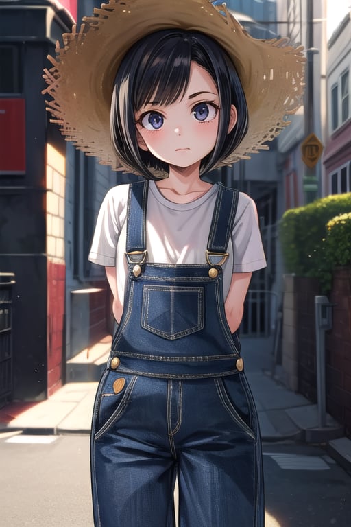 masterpiece, best quality, (solo:1.3),loli,golden hour lighting,street corner,big straw hat,arms_behind_back,dungarees only,,black_hair,looking_at_viewer,