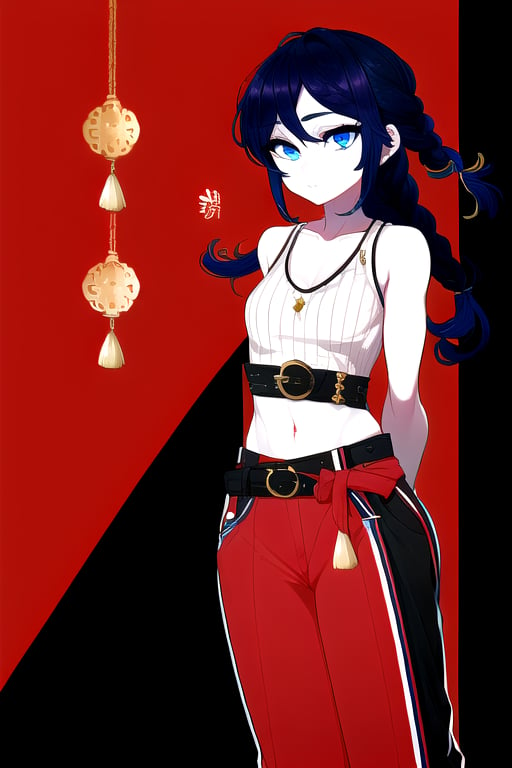 masterpiece, best quality, (solo:1.1), 1girl ,looking at viewer,(arms behind back :1.3),  long hair, sweater, black theme, collarbone, blue eyes,sleeveless, red chinese top,black long pants, glowing, wind_chime,curvy,belt,single braid