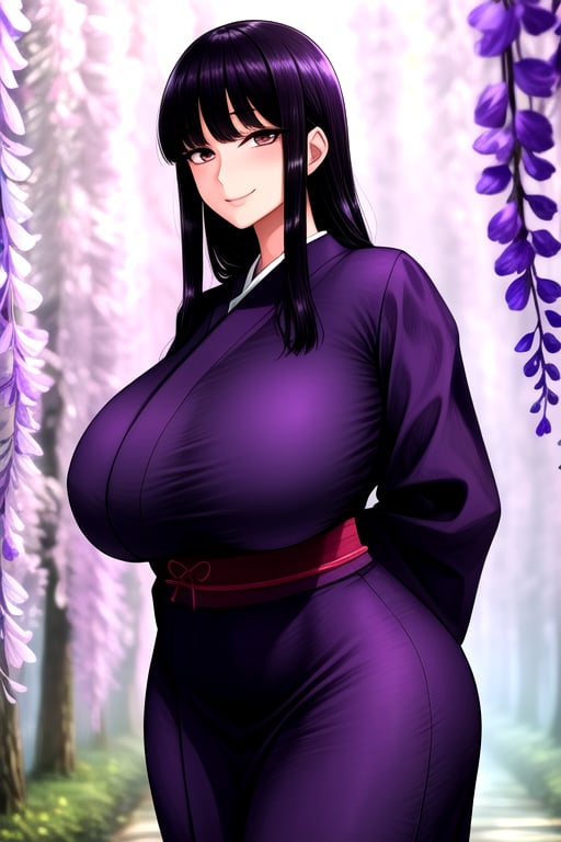 masterpiece, best quality, (solo:1.1), 1girl , arms behind back,looking_at_viewer,japan_dress,black hair,gigantic_breasts,white bows,wisteria forest background,symmetrical,in purple and black style,obi,smile,curvy,long_sleeves,long hair