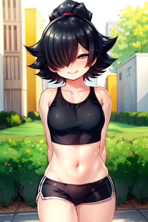 masterpiece, best quality, (solo:1.3),1girl,falling water from hill, sports bra,hot shorts, arms_behind_back,,black_hair,looking_at_viewer,,seductive smile,(hair over eyes:1.3), 