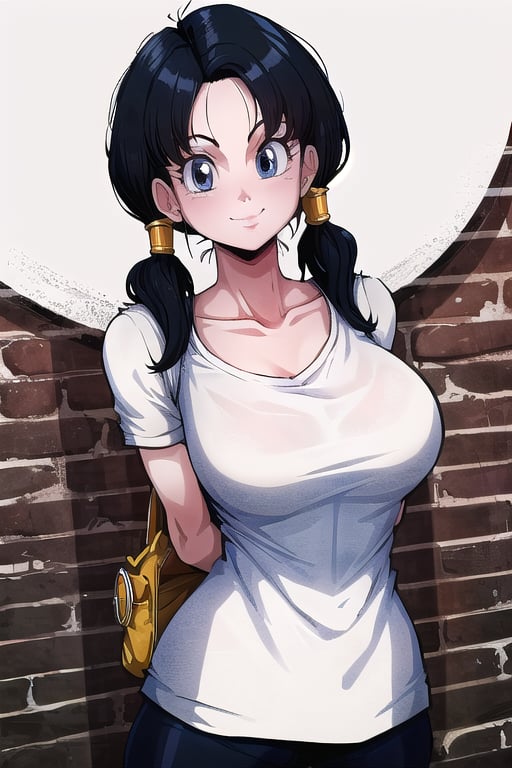 masterpiece, best quality, solo, 1girl, (arms behind back:1.1),brick wall,looking at viewer,smile,gigantic_breast, blue eyes, black hair,twintails, badge, white shirt, bike_shorts,videl2,collarbone