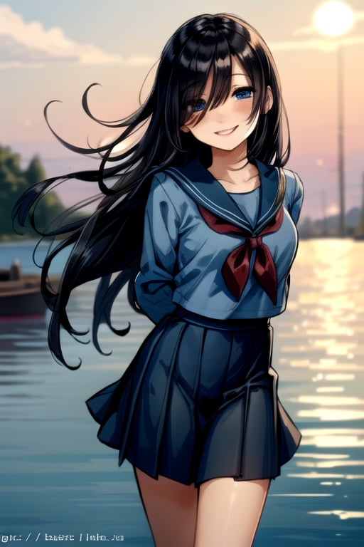 masterpiece, best quality, (solo:1.3),1girl sailor suite,skirt, beautiful detailed water, arms_behind_back,,black_hair,looking_at_viewer,seductive smile,(hair over eyes:1.3), 