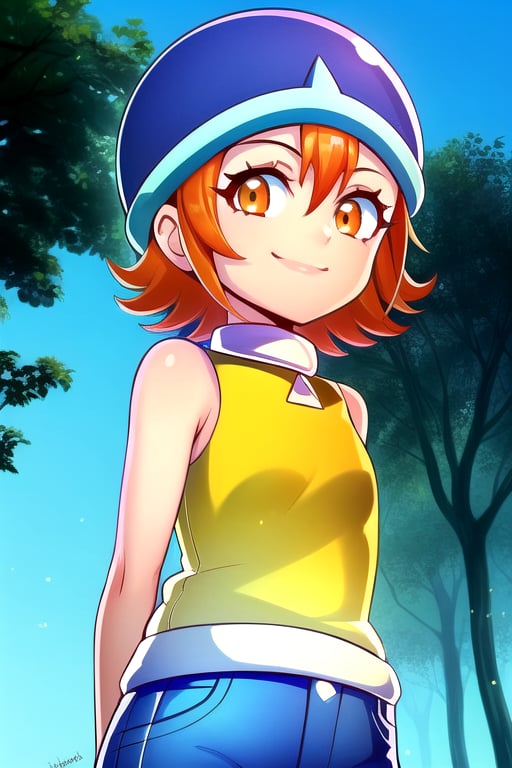 masterpiece, best quality, (solo:1.3), 1girl , arms behind back,looking_at_viewer, orange_hair, smile,SoraDef, orange eyes, sleeveless, shirt, jeans, helmet, short hair,yellow shirt,loli,blue forest background,