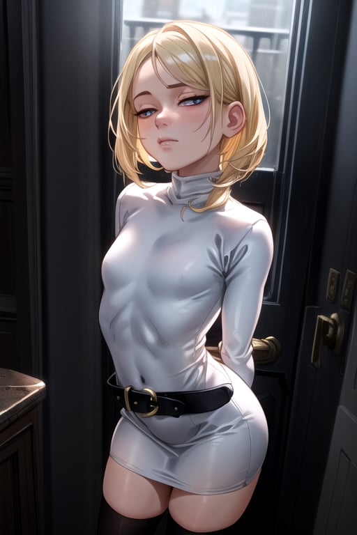 masterpiece, best quality, (solo:1.3),small_breast, in ice of cube ,arms behind back,blonde,black_eyes, looking_at_viewer, half-closed_eyes,curvy,blue turtleneck dress,belt,long_sleeves,belt,red_eye,stockings