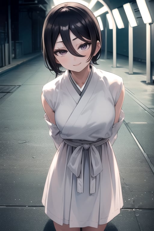 masterpiece, best quality, (solo:1.1), 1girl ,looking at viewer,( arms behind back :1.3),loli, kuchikirukia, black  long sleeves dress,white obi,,smile,night tunnel background,paint scans in the floor,