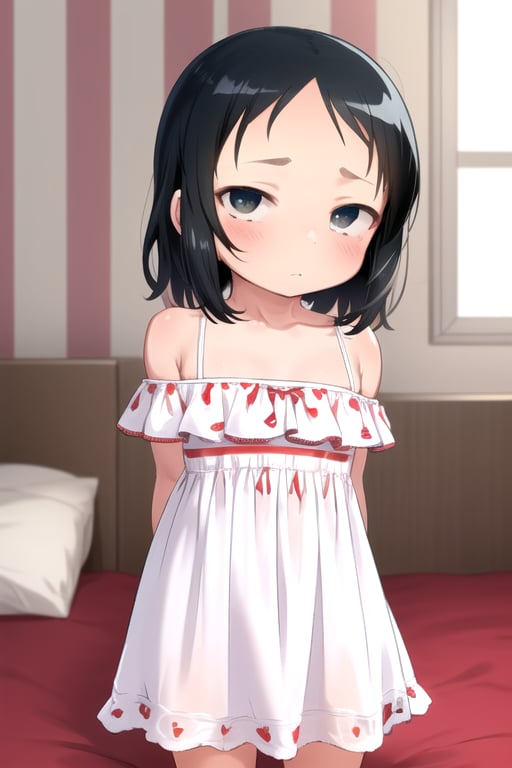 masterpiece, best quality, solo,looking at viewer, 1girl, arms behind back , looking at viewer, in bedroom,(loli:1.3), in white and red style, night, sleeveless dress, (horizontal stripes:1.2), off_shoulder, 