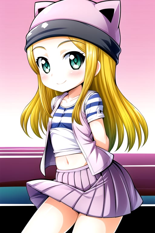 masterpiece, best quality, (solo:1.3), 1girl, loli, arms behind back,looking_at_viewer,OrimotoIzumi,  purple vest,horizontal striped shirt, beanie, cat hat, green eyes, purple  skirt,smile, blonde,