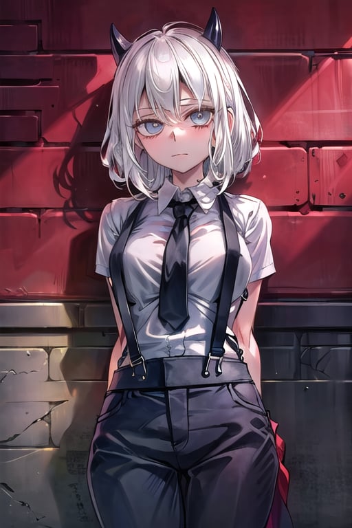 masterpiece, best quality, solo, 1girl, (arms behind back:1.3),brick wall, rika, cowboy shot, jewelry, closed mouth,  collared shirt, eyelashes, suspenders, black necktie, grey shirt,  black pants,looking at viewer