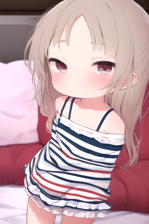 masterpiece, best quality, solo,looking at viewer, 1girl, arms behind back , looking at viewer, in bedroom,(loli:1.3), in white and red style, night, sleeveless dress, (horizontal stripes:1.2), off_shoulder, 