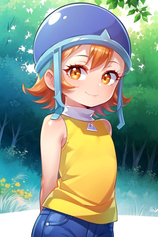 masterpiece, best quality, (solo:1.3), 1girl , arms behind back,looking_at_viewer, orange_hair, smile,SoraDef, orange eyes, sleeveless, shirt, jeans, helmet, short hair,yellow shirt,loli,blue forest background,