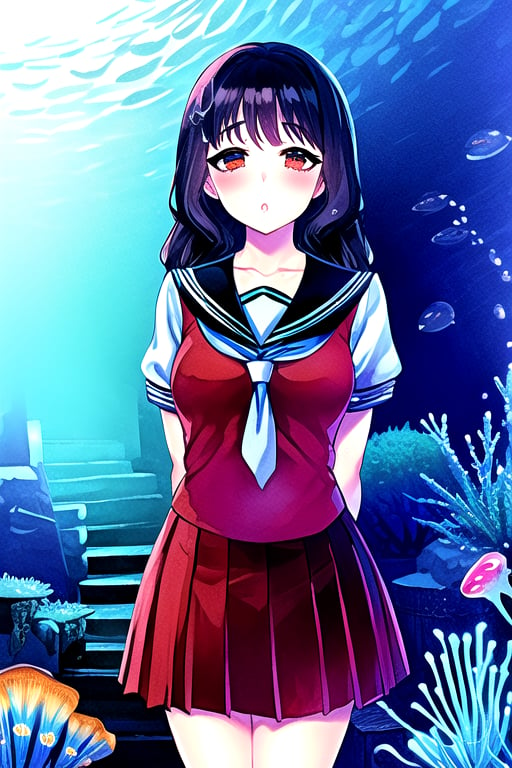 masterpiece, best quality, (solo:1.1), 1girl ,looking at viewer,in red and black style,( arms behind back :1.3),fish, stairs, scenery, solo, skirt, railing, black hair,  underworld, like aquarium, school uniform, long wavy hair, underwater, serafuku, wide shot, jellyfish, pleated skirt, bubble, coral, underworld,watercolor,shaonv,kawaiitech,Underwater world,