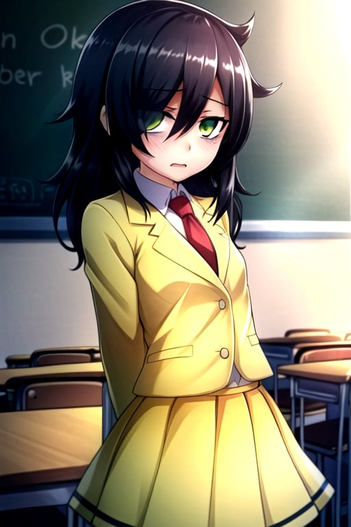 masterpiece, best quality, (solo:1.3), 1girl , arms behind back,looking_at_viewer,long hair, black-hair,hair over in one eye,school uniform, classroom,bags under eyes, watamote,loli,necktie, yellow jacket,yellow skirt ,green-eyes,embarassed endured_face, ahegao, 