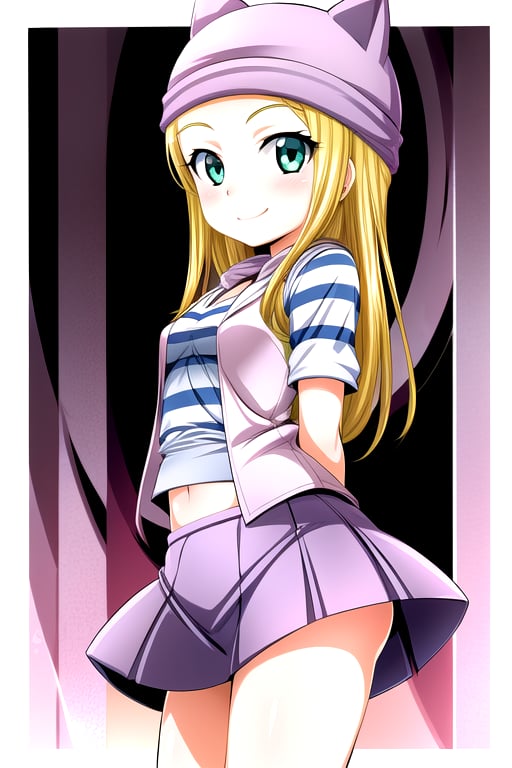 masterpiece, best quality, (solo:1.3), 1girl, loli, arms behind back,looking_at_viewer,OrimotoIzumi,  purple vest,horizontal striped shirt, beanie, cat hat, green eyes, purple  skirt,smile, blonde,