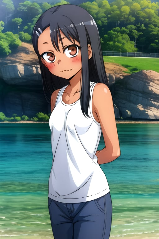 masterpiece, best quality, (solo:1.3), 1girl , arms behind back,looking_at_viewer,loli,dusk,lake,black crop_top,long pants,black hair,dark skin, hairclip, brown eyes, hairclip,nagatoro hayase,(cute_fang:1.3),