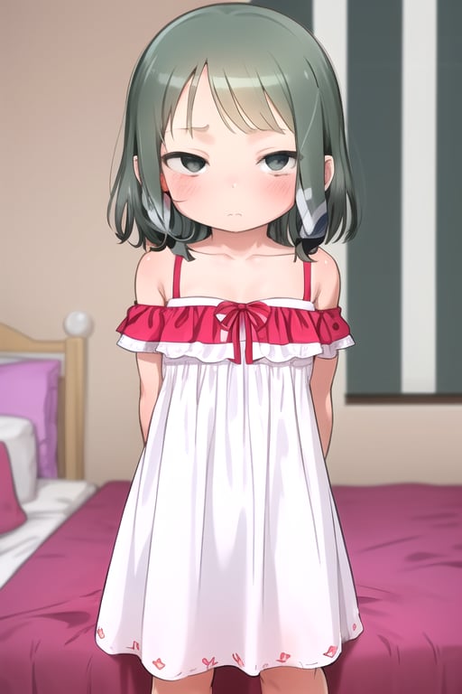 masterpiece, best quality, solo,looking at viewer, 1girl, arms behind back , looking at viewer, in bedroom,(loli:1.3), in white and red style, night, sleeveless dress, (horizontal stripes:1.2), off_shoulder, 