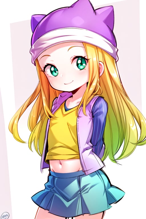 masterpiece, best quality, (solo:1.3), 1girl, loli, arms behind back,looking_at_viewer,OrimotoIzumi,  purple vest,horizontal striped shirt, beanie, cat hat, green eyes, purple  skirt,smile, blonde,