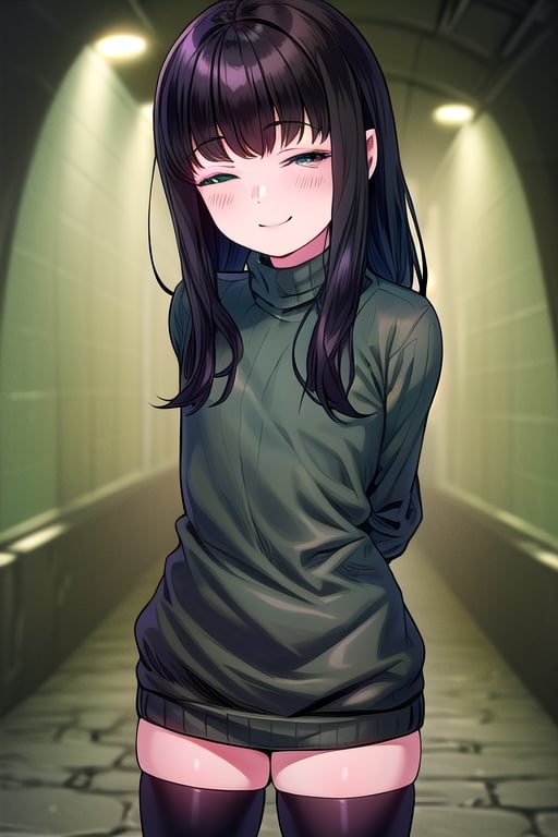 masterpiece, best quality, solo, 1girl, (arms behind back:1.1),loli,dark tunnel,looking at viewer,long_hair,  black_hair, closed_eyes,(green sweater:1.3),smile,  sleeves_past_wrists,  turtleneck, closed_mouth, bangs, ,flat_chest,long_sleeves,(black legswear:1.3),oversized_clothing,(little girl:1.2),