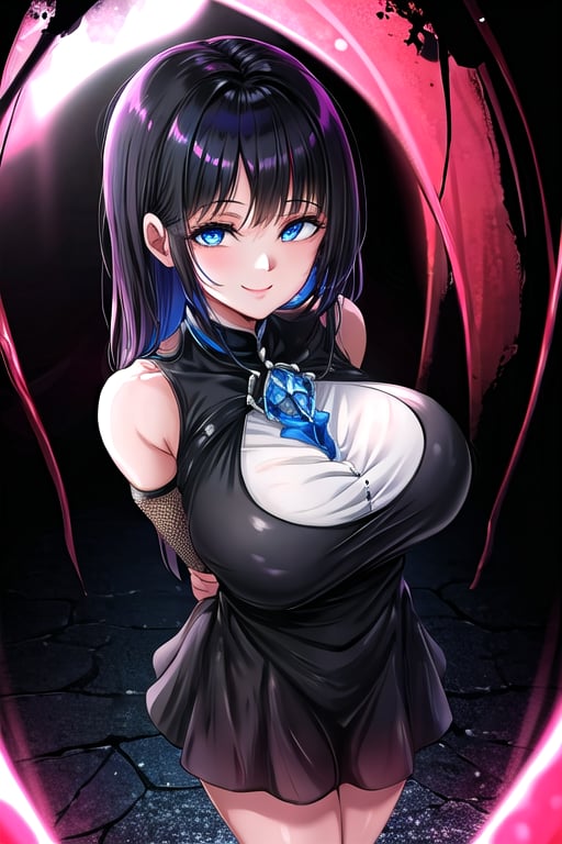 masterpiece, best quality, solo, 1girl, (arms behind back:1.1),dark tunnel,looking at viewer,smile,gigantic_breast, blue eyes, black hair,  mesh  dress, from above