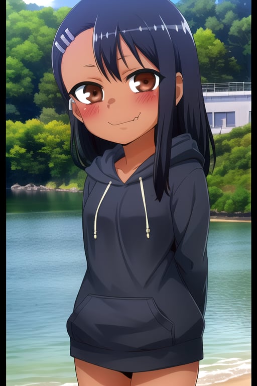 masterpiece, best quality, (solo:1.3), 1girl , arms behind back,looking_at_viewer,(loli:1.3),dusk,lake,black hoodie,black hair,dark skin, hairclip, brown eyes, hairclip,nagatoro hayase,cute_fang,smile,