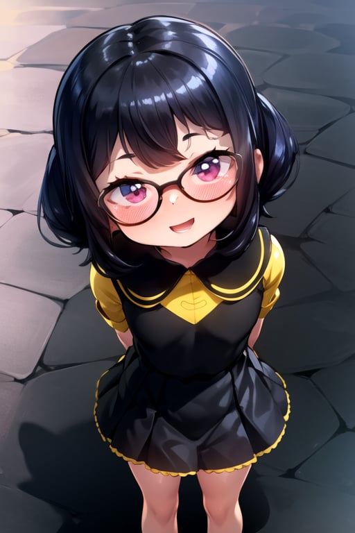 masterpiece, best quality, (solo:1.1), 1girl ,in yellow and black style,( arms behind back :1.3),(loli:1.3),black hair, lfactory background,fusion of honeycomb and dress,smile,glasses,loli,from above, 