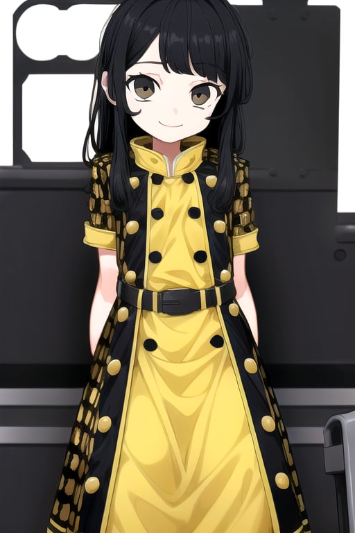 masterpiece, best quality, (solo:1.3), 1girl ,in yellow and black style,dusk,( arms behind back , :1.3),(loli:1.3),train station,black hair, long hair,(honeycomb pattern oversized coat:1.0),open coat ,belt,smile,factory background