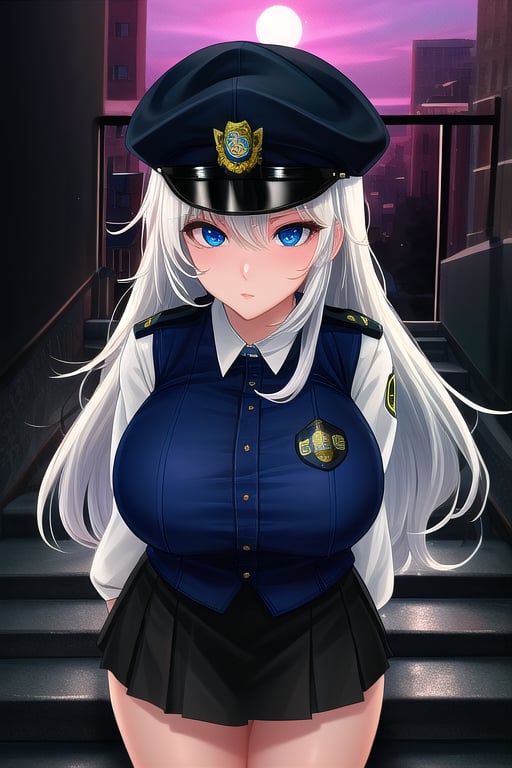 masterpiece, best quality,solo,1girl, looking at viewer, arms behind back,gigantic_breasts ,vest, long hair, blue eyes,white hair, messy hair, hat,  black skirt,police uniform,long sleeves,stairs ,dusk