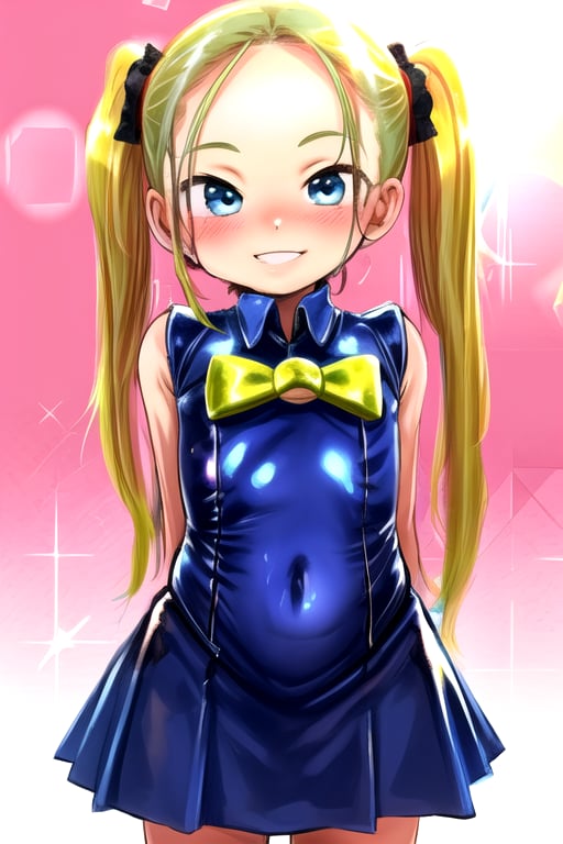 masterpiece, best quality,solo,1girl, looking at viewer, arms behind back, black leotard,  blue skirt,mesugaki, (loli:1.3),smile,twintails,blonde hair, bubbles background