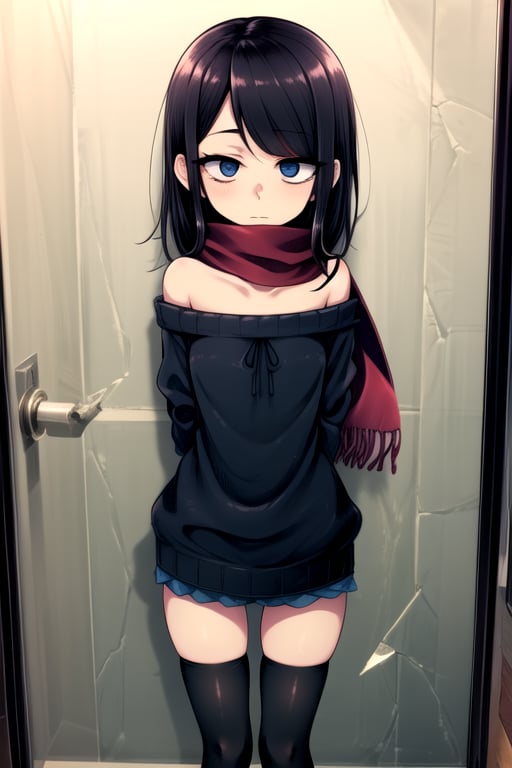 masterpiece, best quality, (solo:1.1), 1girl , arms behind back,looking_at_viewer,horror theme,sweater,(mini_girl:1.3), off_shoulder,loli,black stockings, reflection,broken glass,red scarf,short_hair,