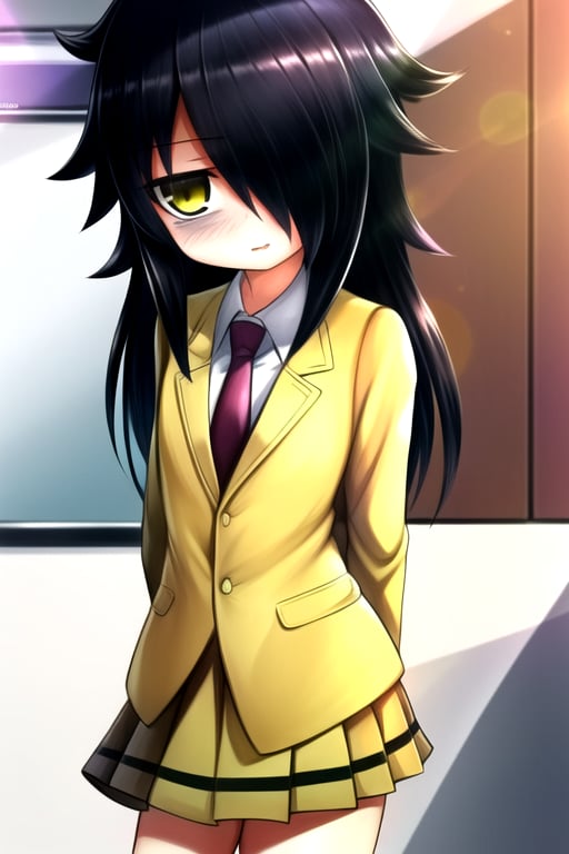 masterpiece, best quality, (solo:1.3), 1girl , arms behind back,looking_at_viewer,long hair, black-hair,hair over in one eye,school uniform, classroom,bags under eyes, watamote,loli,necktie,naughty_face, yellow jacket