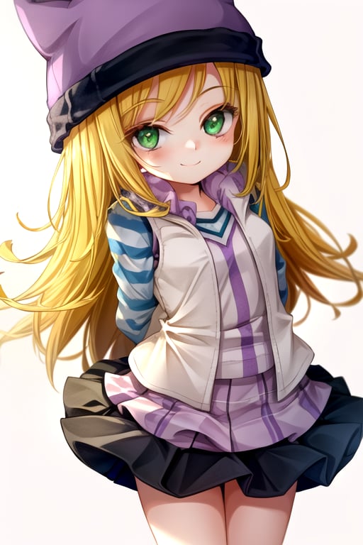 masterpiece, best quality, (solo:1.3), 1girl, loli, arms behind back,looking_at_viewer,OrimotoIzumi,  purple vest,horizontal striped shirt, beanie, cat hat, green eyes, purple  skirt,smile, blonde,