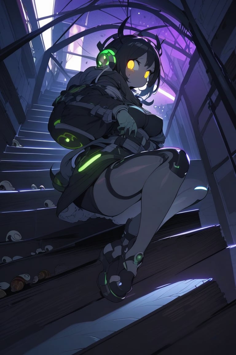 masterpiece, best quality, (solo:1.1), 1girl ,looking at viewer,monster, no_humans, (snails girl:1.2),leds, stairs, black hair,