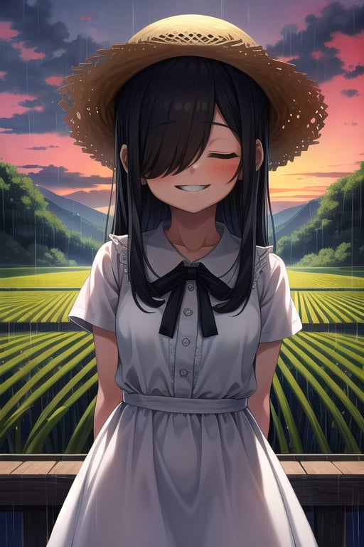 masterpiece, best quality, solo, 1girl,arms behind back,loli,rain, small_breast, smile,(dusk:1.3), Beside the rice fields,black_hair white dress,straw hat,covering eyes, shading eyes, no eyes, 