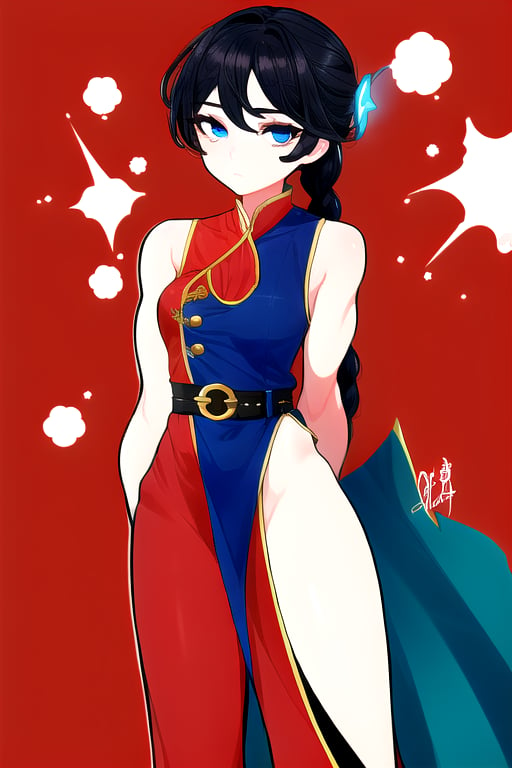 masterpiece, best quality, (solo:1.1), 1girl ,looking at viewer,(arms behind back :1.3),  long hair, china  theme, collarbone, blue eyes,sleeveless dress, , red china clothes,black long pants, glowing, wind_chime,curvy,belt,single braid