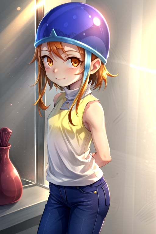 masterpiece, best quality, (solo:1.3), 1girl in glass case, arms behind back,looking_at_viewer, orange_hair, smile,SoraDef, orange eyes, sleeveless, shirt, jeans, helmet, short hair,yellow shirt,loli,