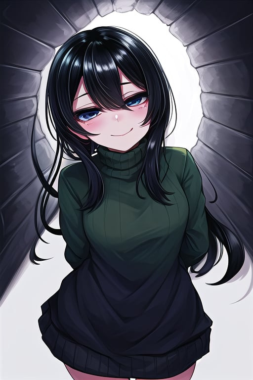 masterpiece, best quality, solo, 1girl, (arms behind back:1.1),loli,dark tunnel,looking at viewer,long_hair,  black_hair, closed_eyes,green sweater,smile,  sleeves_past_wrists,  turtleneck, closed_mouth, bangs, long_sleeves,stockings