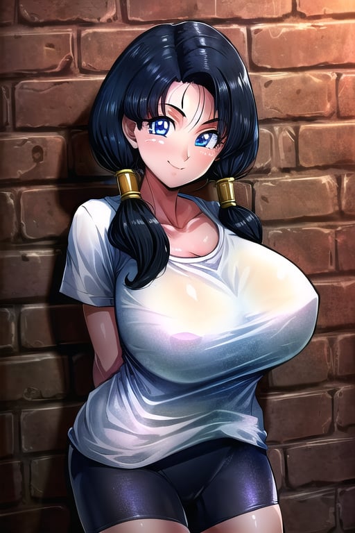 masterpiece, best quality, solo, 1girl, (arms behind back:1.1),brick wall,looking at viewer,smile,gigantic_breast, blue eyes, black hair,twintails, badge, white shirt, bike_shorts,videl2,collarbone