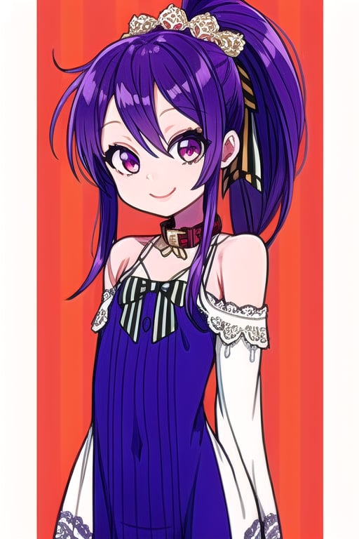 masterpiece, best quality, (solo:1.3), 1girl , arms behind back,looking_at_viewer,loli,mini_girl,purple_hair,long_sleeves,long_ponytail,smile,sleeveless dress, whitedress, flat chest,hair_ornament, bowtie, collar, off_shoulder, lace, striped, 