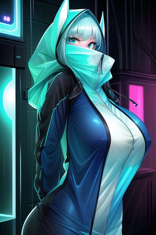 masterpiece, best quality,solo,1girl, looking at viewer, (arms behind back:1.3),green and blue style,city roof backgrounds,fusion of transparent raincoat and neon lights,hood up,long_sleeves,sleeves_past_wrist,gigantic_breasts,curvy