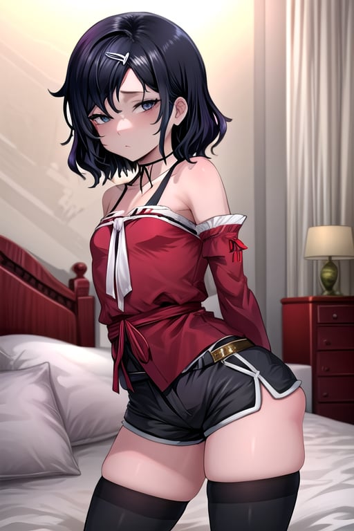 masterpiece, best quality,solo, cosplay, little boy, yaoi, medium hair, black  hair, in bedroom,  hair clip, beautiful detailed eyes, looking at viewer, black eyes, high - waist shorts, detached_sleeves, arms behind back ,ruka urushibara,choker