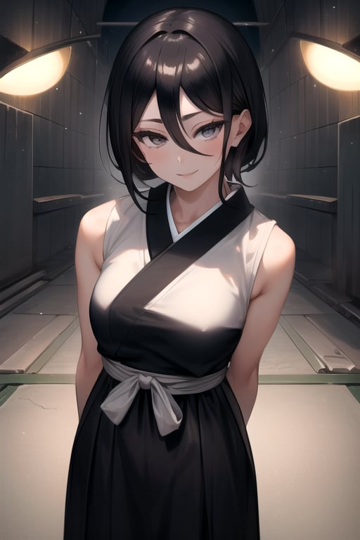 masterpiece, best quality, (solo:1.1), 1girl ,looking at viewer,( arms behind back :1.3),kuchikirukia, black  long japan dress,white obi,,smile,night tunnel background,paint scans in the floor,