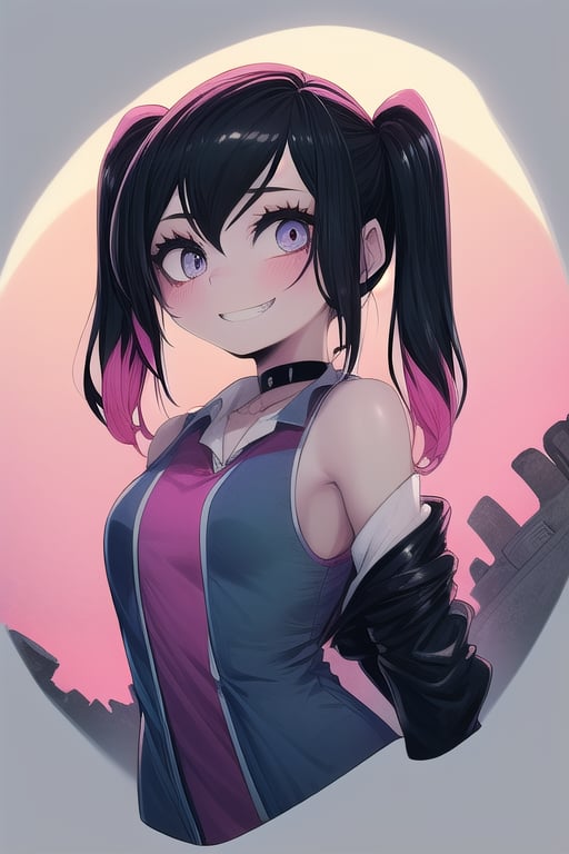 masterpiece, best quality,solo, cosplay, 1girl, black  hair,little girl,loli,mesugaki,looking at viewer,grin,in dark hole, arms behind back ,choker,off_shoulders,pink  streaked hair, twin_tails,collared_shirt,cropped_jacket,blue elbow_gloves