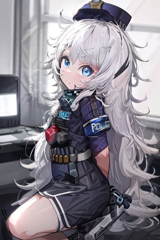 masterpiece, best quality,solo,1girl, looking at viewer, arms behind back ,(loli:1.2), long hair, blue eyes,white hair, messy hair, hat,  black skirt,police uniform,short sleeves,office room