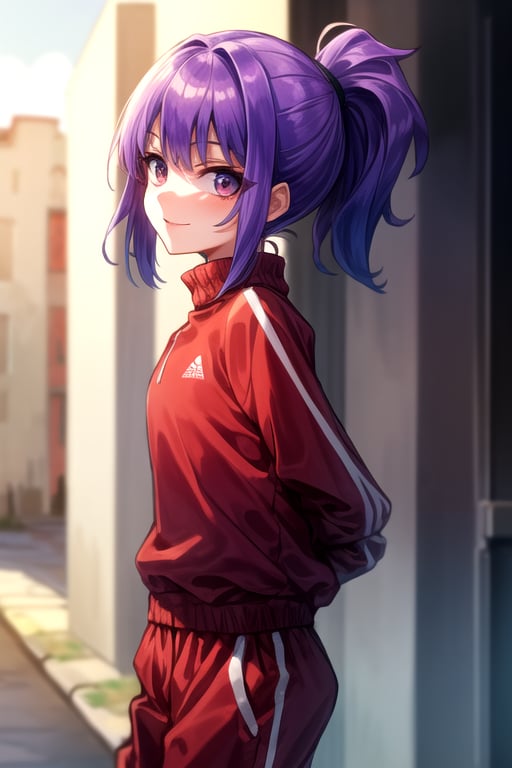 masterpiece, best quality, (solo:1.3), 1girl , arms behind back,looking_at_viewer,loli,mini_girl,purple_hair,roof
 background,red tracksuit,long_sleeves,long_ponytail,smile,(oversized_clothing:1.3)