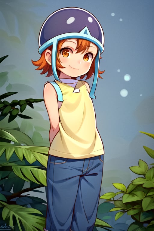 masterpiece, best quality, (solo:1.3), 1girl , arms behind back,looking_at_viewer, orange_hair, smile,SoraDef, orange eyes, sleeveless, shirt, jeans, helmet, short hair,yellow shirt,loli,blue forest background,