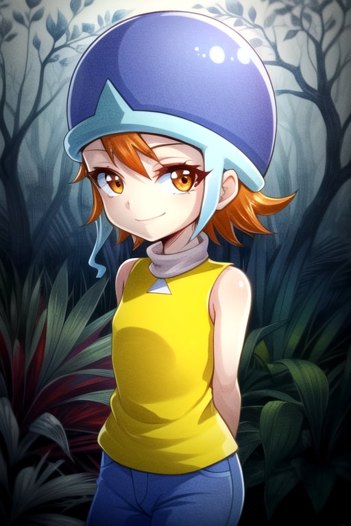 masterpiece, best quality, (solo:1.3), 1girl , arms behind back,looking_at_viewer, orange_hair, smile,SoraDef, orange eyes, sleeveless, shirt, jeans, helmet, short hair,yellow shirt,loli,blue forest background,