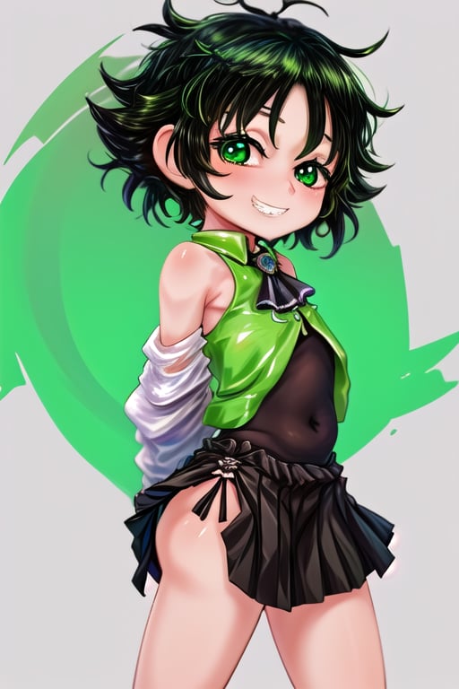 masterpiece, best quality,solo,1girl, looking at viewer, arms behind back,(buttercup),loli,green and black style,green skirt,bare_legs,green bodysuit,black_hair,bare_shoulders,green eyes,grin,messy hair,black waistband,short_hair,colored inner hair, mesugaki, 