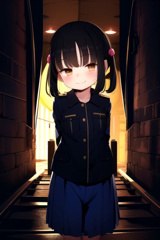 masterpiece, best quality, (solo:1.1), 1girl ,looking at viewer,in yellow and black style,( arms behind back :1.3),(loli:1.3),black hair, mesugaki, ,military ,smile,scenery, honeycomb and tunnel background