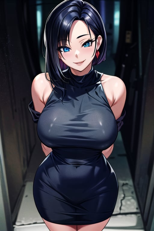 masterpiece, best quality, solo, 1girl, (arms behind back:1.1),dark tunnel,looking at viewer,smile,gigantic_breast, blue eyes, black hair,  mesh  dress, from above